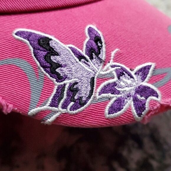 Y2K Distressed Pink Cadet Hat w/ Rhinestone Applique Embellished Butterfly OS - Picture 5 of 11